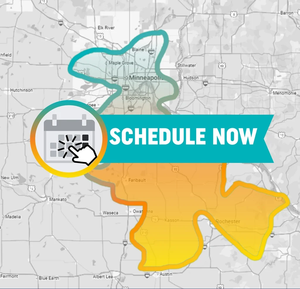 “Schedule Now” map graphic in yellow and teal brand colors