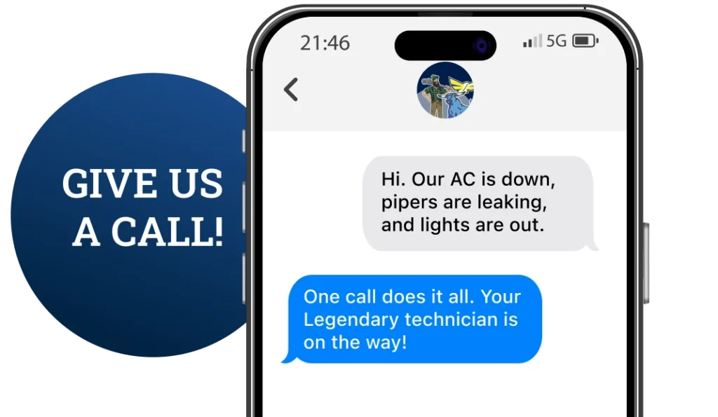 Mobile phone mockup showing HVAC service text conversation