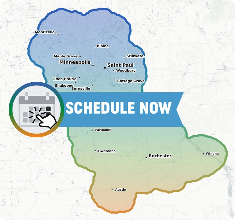“Schedule Now” service area map graphic in blue and green