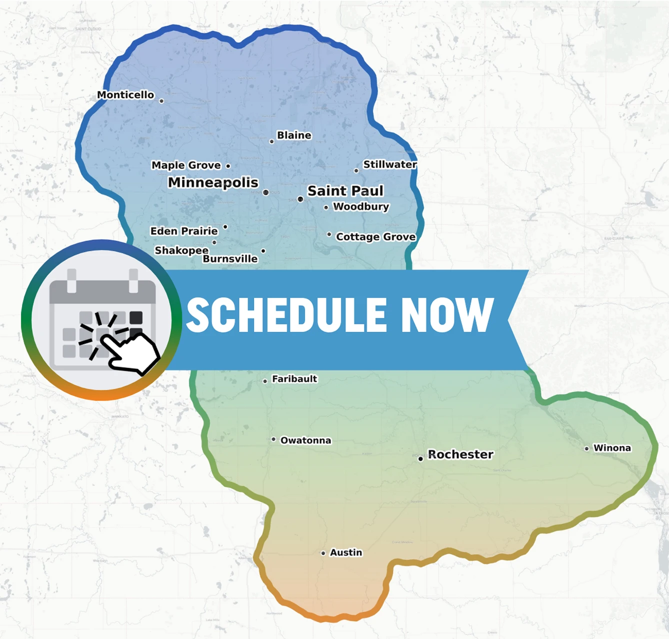 “Schedule Now” service area map graphic in blue and green